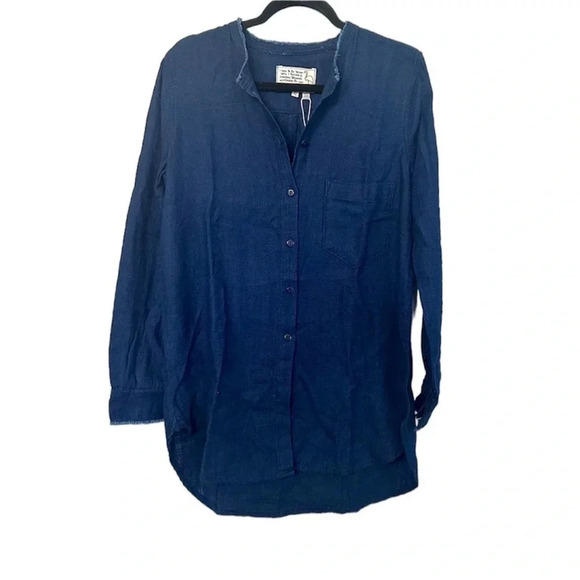 NWT Sandrine Rose x Free People Long Sleeve Frayed Collarless Denim Shirt Size S - Picture 1 of 12